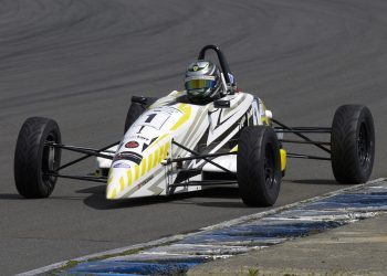Alex Crosbie racing Formula Ford car front three quarter view