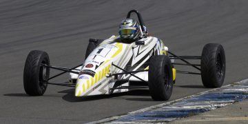 Alex Crosbie racing Formula Ford car front three quarter view