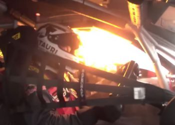 Nick Cassidy's car being hit by flaming engine