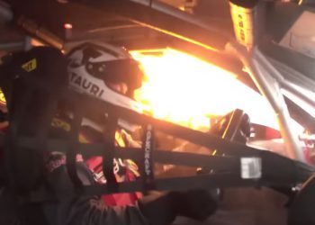 Nick Cassidy's car being hit by flaming engine