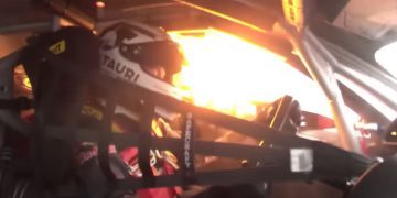 Nick Cassidy's car being hit by flaming engine
