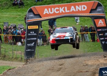 Kalle Rovanpera racing Toyota GR Yaris Hybrid rally car in New Zealand