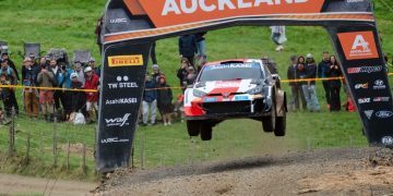 Kalle Rovanpera racing Toyota GR Yaris Hybrid rally car in New Zealand