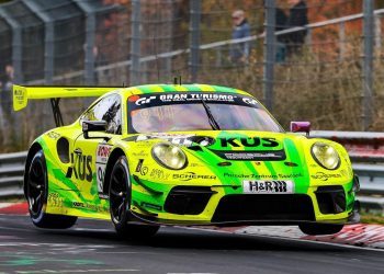 Porsche 911 GT3 R front three quarter view at Nurburgring