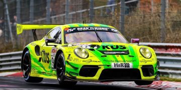 Porsche 911 GT3 R front three quarter view at Nurburgring