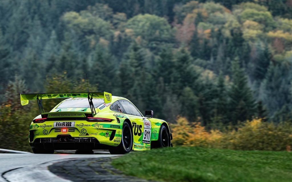 Porsche 911 GT3 R rear three quarter view at Nurburgring