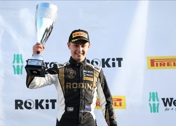 Louis Sharp holding trophy at Brands Hatch