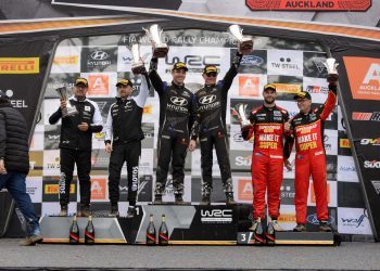 WRC2 Rally New Zealand podium with Shane van Gisbergen and Hayden Paddon