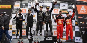 WRC2 Rally New Zealand podium with Shane van Gisbergen and Hayden Paddon