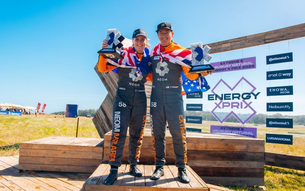 Emma Gilmour and Tanner Foust on Extreme E podium in Uruguay