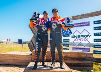 Emma Gilmour and Tanner Foust on Extreme E podium in Uruguay