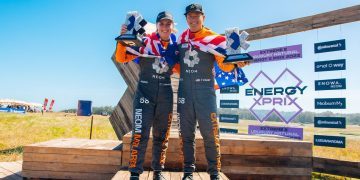 Emma Gilmour and Tanner Foust on Extreme E podium in Uruguay