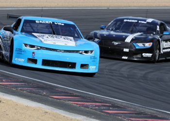 Ford Mustang and Chevrolet Camaro TA2 cars racing