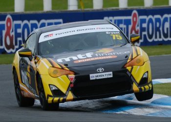 Tayler Bryant Toyota 86 race car front three quarter view on track