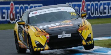 Tayler Bryant Toyota 86 race car front three quarter view on track