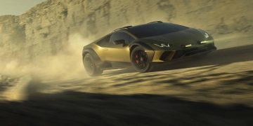 Lamborghini Huracan Sterrato front three quarter view action shot