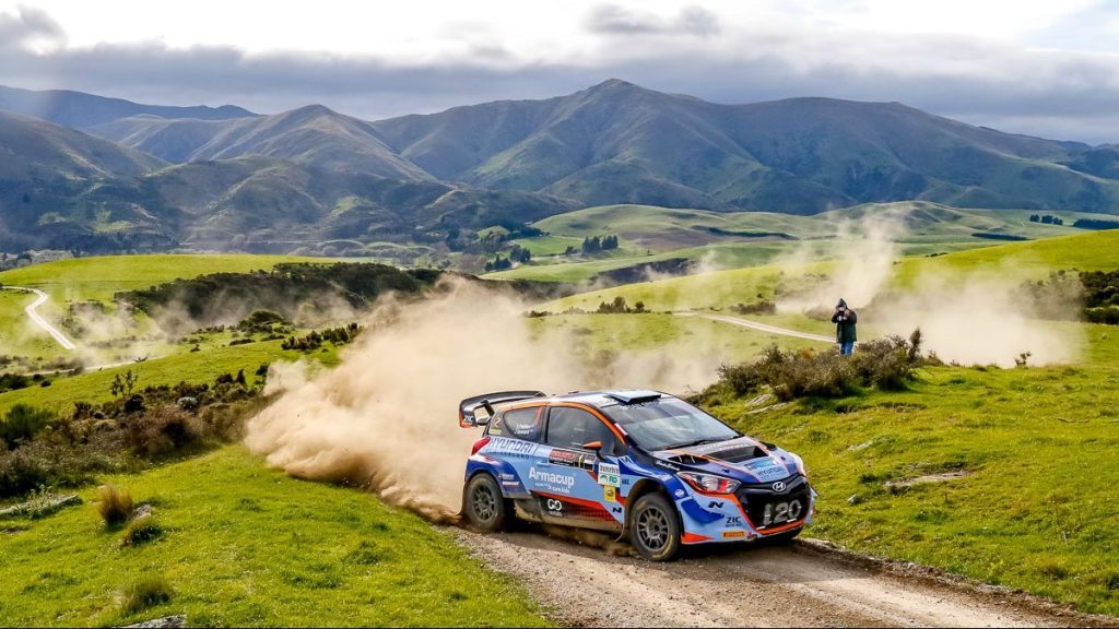 Hayden Paddon drifting around corner in Otago Rally