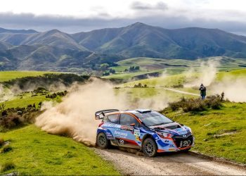 Hayden Paddon drifting around corner in Otago Rally