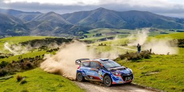 Hayden Paddon drifting around corner in Otago Rally