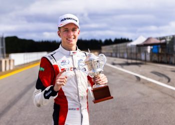 Charlie Wurz holding Toyota Formula Regional Round 2 trophy
