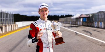 Charlie Wurz holding Toyota Formula Regional Round 2 trophy