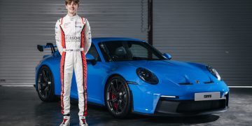 Callum Hedge standing next to Porsche 911 GT3