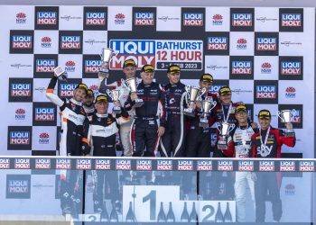 Andrew Fawcet, Daniel Gaunt and Dylan O’Keeffe celebrating Bathurst 12 Hour class win on podium