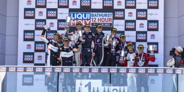 Andrew Fawcet, Daniel Gaunt and Dylan O’Keeffe celebrating Bathurst 12 Hour class win on podium