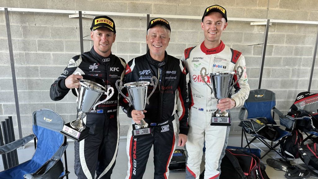Andrew Fawcet, Daniel Gaunt and Dylan O’Keeffe holding Bathurst 12 Hour trophies