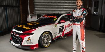 Andre Heimgartner's Gen3 Chevrolet Camaro Supercars livery front three quarter view