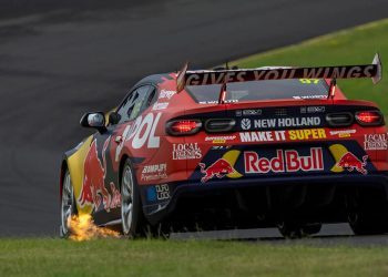 Shane van Gisbergen's Gen3 Chevrolet Camaro Supercar spitting flames