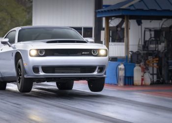Dodge Challenger SRT Demon 170 doing wheel stand on drag strip