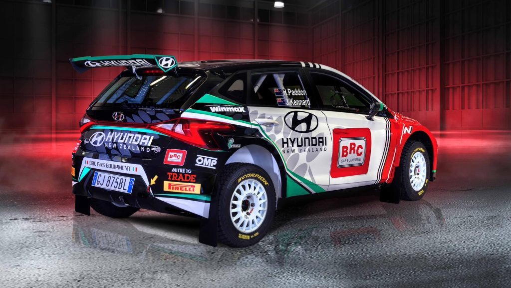 Hayden Paddon's Hyundai i20 Rally2 for ERC rear three quarter view