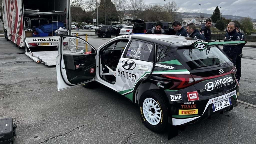 Hayden Paddon's Hyundai i20 N Rally 2 being unloaded from truck for ERC