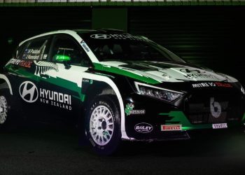 Hayden Paddon's Hyundai i20 N Rally2 Otago Rally 2023 front three quarter view