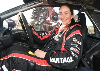 Olympic BMX gold medalist Sarah Walker sitting in rally car