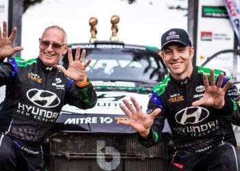 Hayden Paddon and John Kennard celebrating 10th Rally Otago win