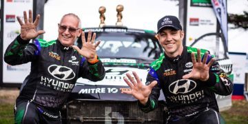 Hayden Paddon and John Kennard celebrating 10th Rally Otago win