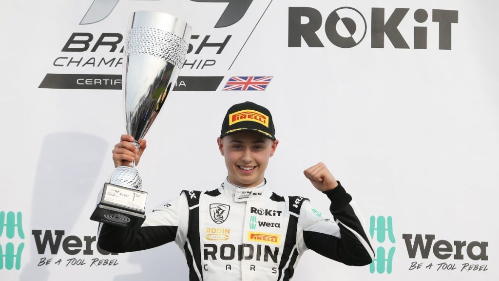 Louis Sharp celebrating British F4 win at Donington Park