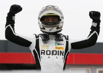 Louis Sharp celebrating British F4 win at Donington Park