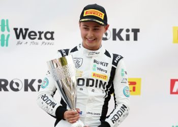 Louis Sharp celebrating British Formula 4 podium at Snetterton