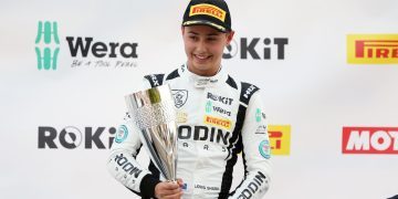 Louis Sharp celebrating British Formula 4 podium at Snetterton