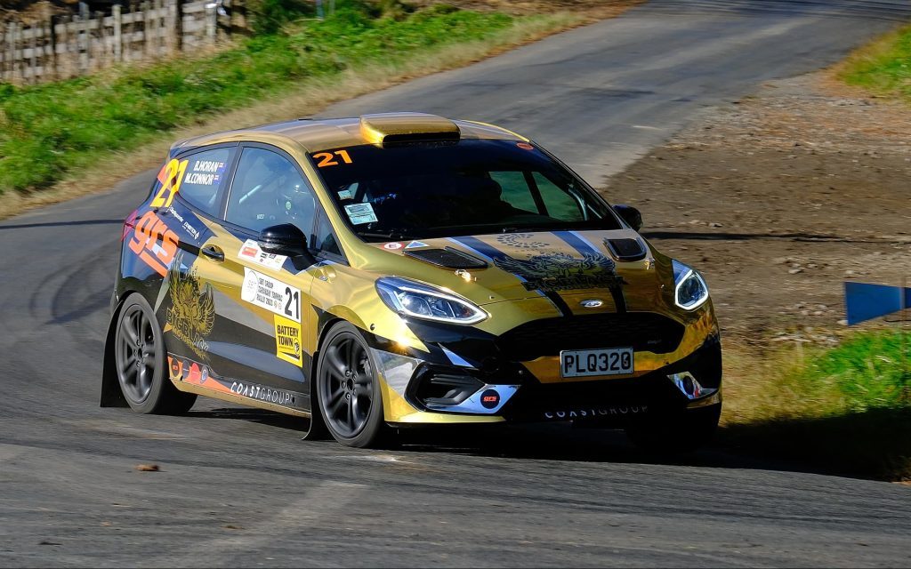 Ford Fiesta rally car cornering hard in Taranaki Rally 2023