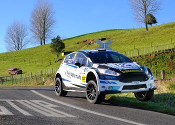 Ford Fiesta rally car jumping on road in Taranaki Rally 2023