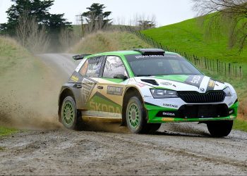 Ben Hunt's Skoda Fabia rally car drifting on gravel road