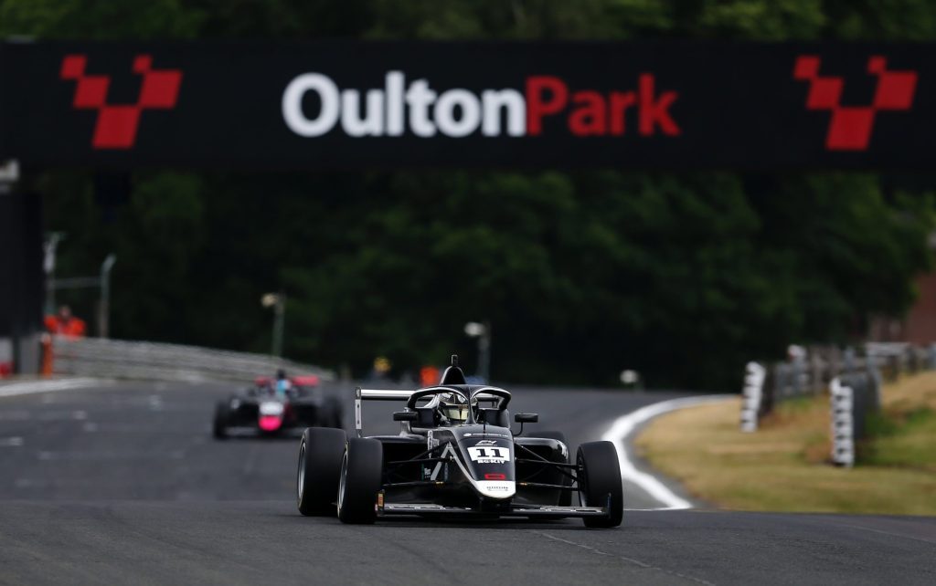 Louis Sharp racing Rodin Carlin British Formula 4 car at Oulton Park 2023