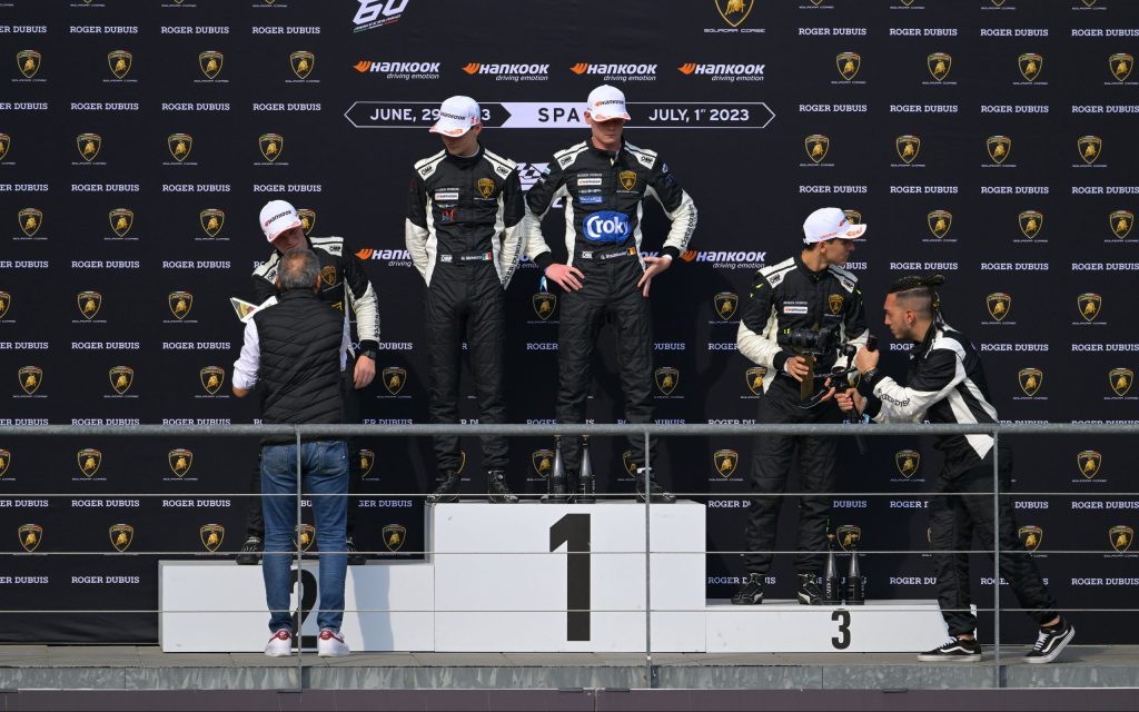 Brendon Leitch on podium at 2023 Lamborghini Super Trofeo race at Spa
