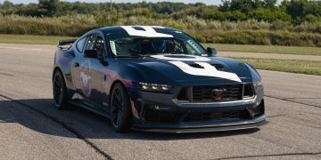 Ford Mustang Dark Horse R driving on race track