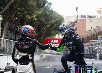 CIRCUIT DE MONACO, MONACO - MAY 06: Mitch Evans, Jaguar TCS Racing, 2nd position, congratulates winner Nick Cassidy, Envision Racing in parc ferme during the Monaco ePrix at Circuit de Monaco on Saturday May 06, 2023 in Monte Carlo, Monaco. (Photo by Alastair Staley / LAT Images)