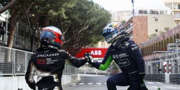 CIRCUIT DE MONACO, MONACO - MAY 06: Mitch Evans, Jaguar TCS Racing, 2nd position, congratulates winner Nick Cassidy, Envision Racing in parc ferme during the Monaco ePrix at Circuit de Monaco on Saturday May 06, 2023 in Monte Carlo, Monaco. (Photo by Alastair Staley / LAT Images)